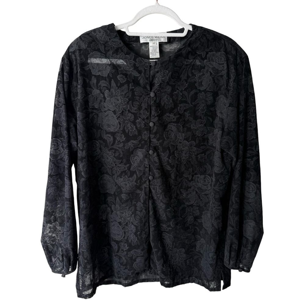Jones Wear Vintage Black Floral Blouse Size 12 Cocktail Party Office Semi Sheer